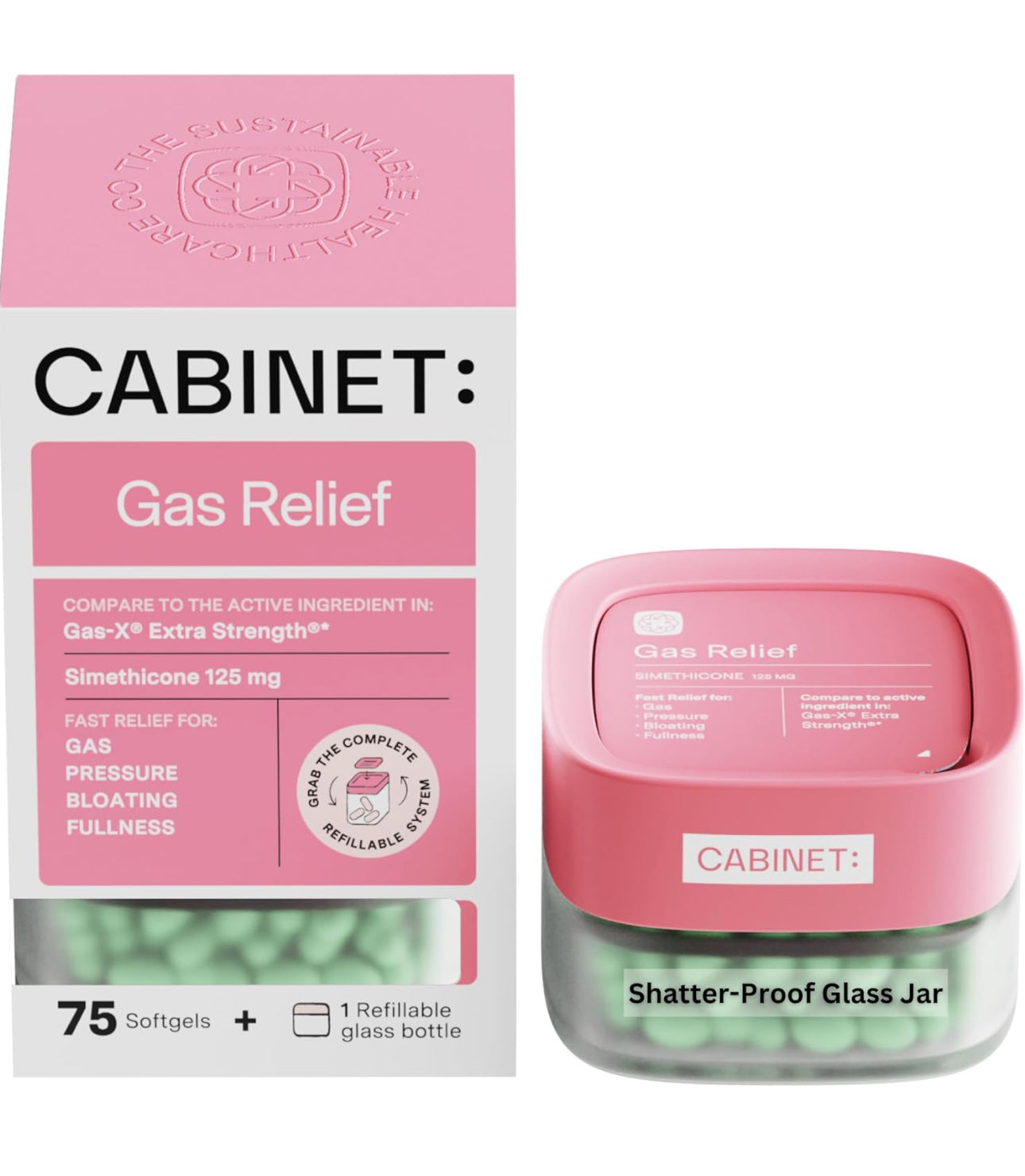 Cabinet: Maximum Gas Relief for Adults w/Active Ingredient Simethicone 125g | Similar to Gas-X Extra Strength | Relief for Bloating, Burping & Cramps | 75 Softgels; Exp 11/2025