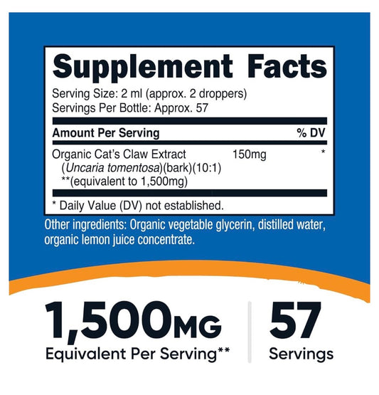 Nutricost Organic Cat's Claw Liquid Drops | Uncaria Tomentosa | 57 Servings | Immune & Antioxidant Support | Soothes Joint Discomfort & Eases Symptoms of Osteoarthritis and Rheumatoid Arthritis | 3.8 Fl.oz/114ml; Exp 05/2028