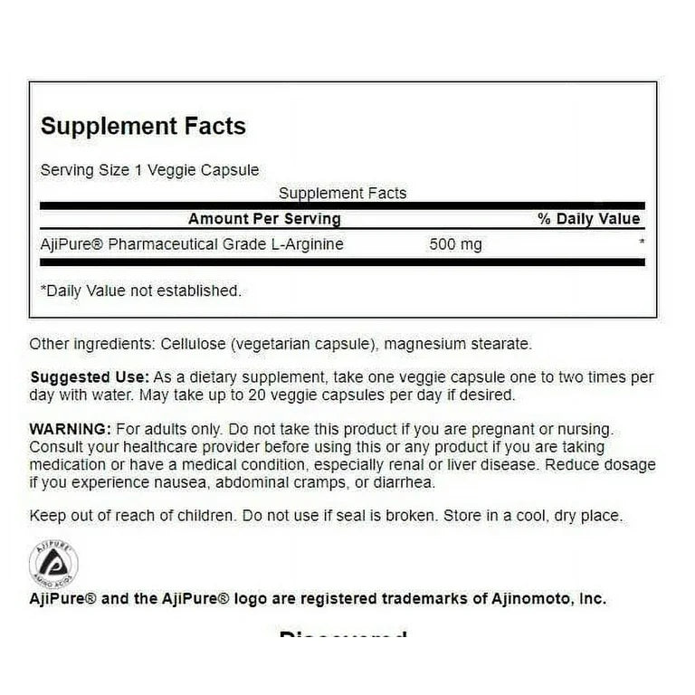 Swanson AjiPure L-Arginine | Supports Cardiovascular Health & Healthy Plasma Arginine Levels | Precursor to Nitric Oxide for Vascular Support | 60 Capsules; Exp 01/2027