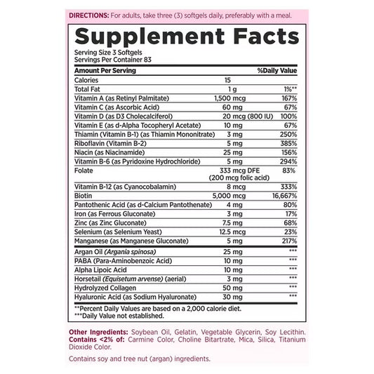 Nature's Bounty Advanced Hair, Skin and Nail Biotin & Vitamins A, C, & E, Women's Multivitamin | 83 Servings | with 5000mcg Biotin | 250 Softgels; Exp 07/2027