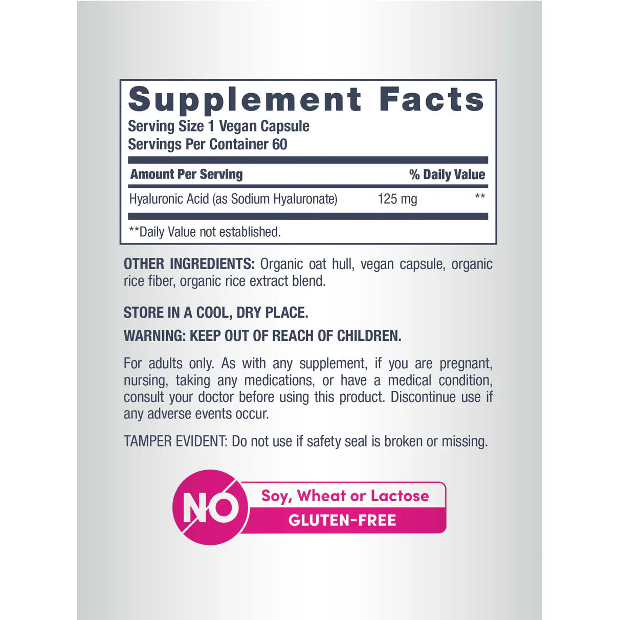 NeoCell Hyaluronic Acid 125mg Daily Hydration | 60 Day Supply | Supports Tissue Hydration | Boosts Skin Hydration & Suppleness | 60 Capsules; Exp 11/2027
