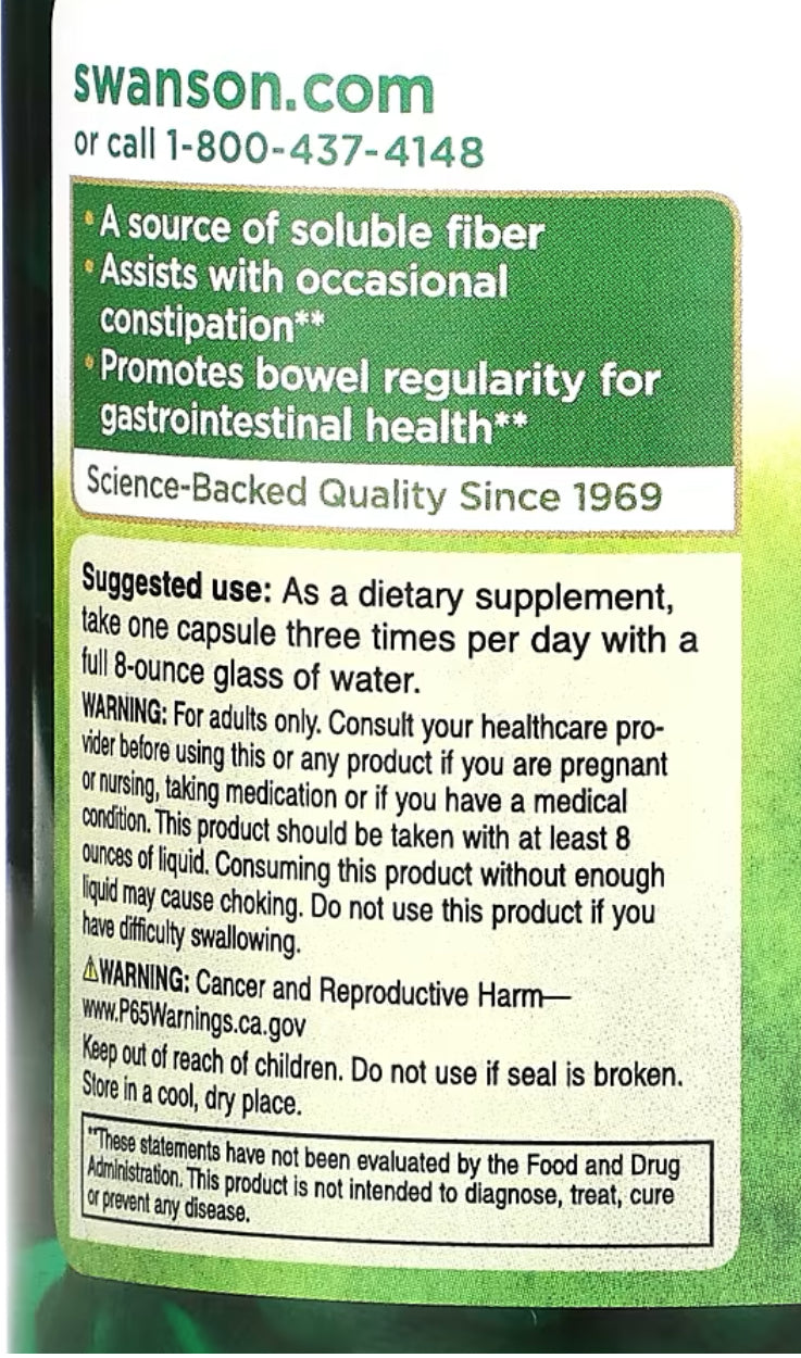 Swanson Psyllium Husks 610mg |Promotes Bowel Regularity for Gastrointestinal Health | 100 Capsules; Exp 03/2026