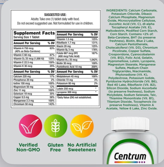 Centrum Silver Adults 50+ | Multivitamin/Multimineral Supplement For Adults over 50 Years | With Lutein, Vitamin C, D & E | 125 Tablets; Exp 06/2027