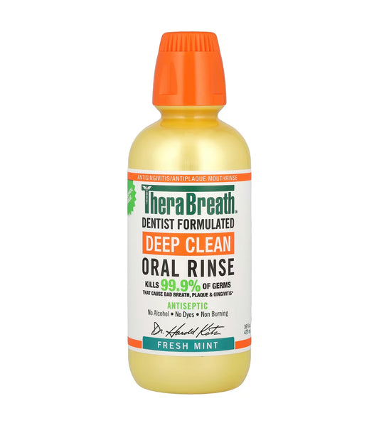 TheraBreath Deep Clean Oral Rinse | Antigingivitis/Antiplaque Mouthrinse | Kills 99.9% of Germs That Cause Bad Breath, Plaque & Gingivitis | Antiseptic Mouthwash | Fresh Mint ~ 16oz/473ml, Exp 03/2026