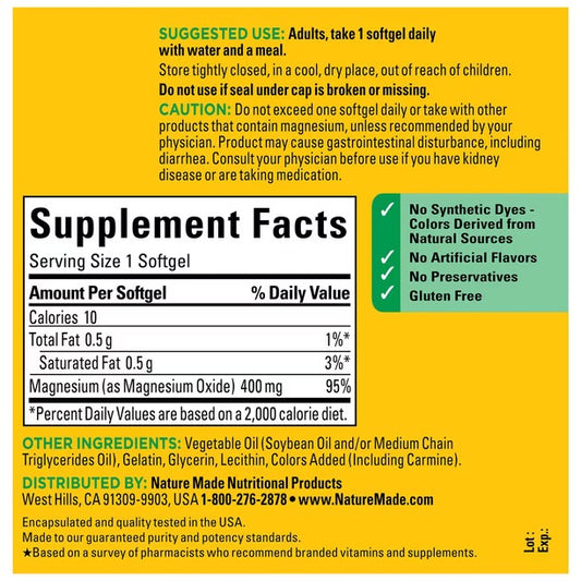 Nature Made Extra Strength Magnesium Oxide 400mg | 5-Month Supply | Supports Nerve, Heart, Bone health & Muscle Relaxation | 150 Softgels; Exp 03/2028