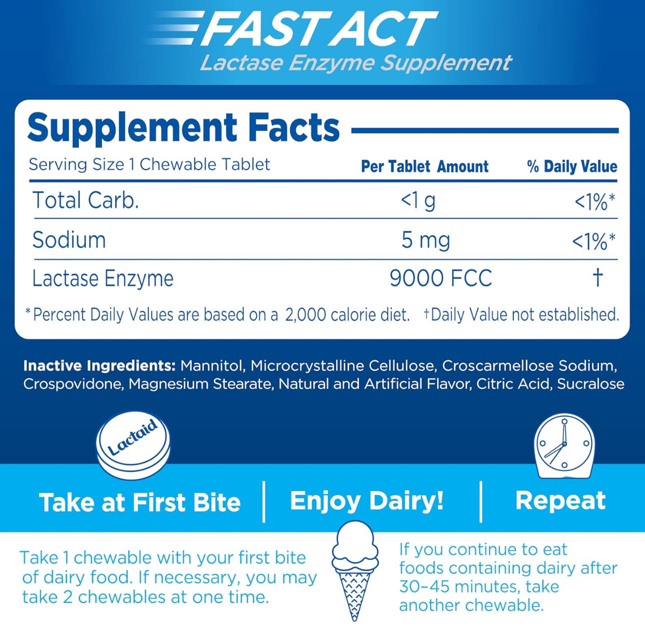 Lactaid Fast Act Lactase Enzymes | For The Prevention of Gas, Bloating, & Diarrhea Associated with Digesting Dairy | Vanilla Flavor ~ 60 Chewable Tablets; Exp 06/2027