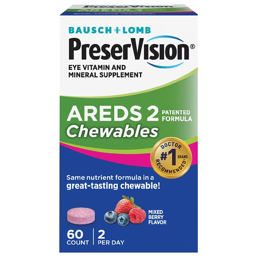 PreserVision AREDS 2 (by Bausch + Lomb - Eye Vitamin & Mineral Supplement | Contains Lutein, Vitamin C, Zeaxanthin, Zinc, Copper & Vitamin E | 60 Chewable Tablets; Exp 08/2025