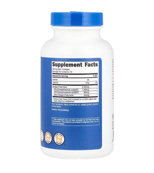 Nutricost Omega 3 Fish Oil - 2500mg | DHA 850mg, EPA 1200mg | Wild Caught | Supports Heart & Brain Health | 90 Softgels; Exp 07/2028