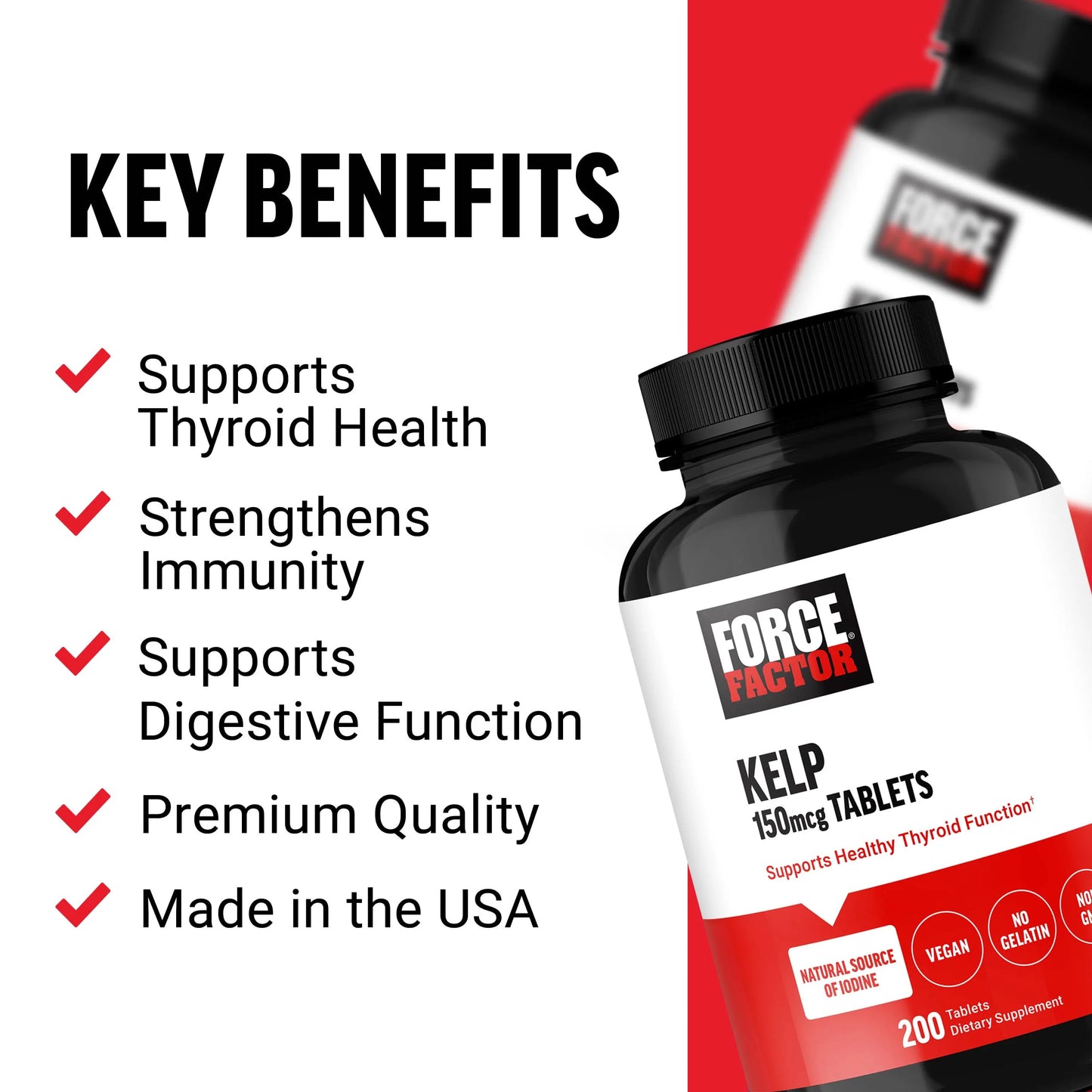 Force Factor Kelp | 150 mcg of Natural Iodine | Supports Healthy Thyroid Function, Strengthen Immunity & Digestion | 200 Tablets; Exp 05/2027