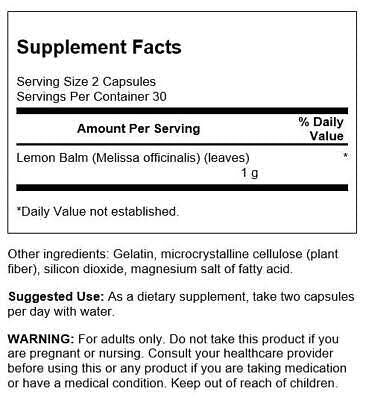 Swanson Full Spectrum Lemon Balm 500mg (Melissa) | Supports Relaxation & Sleep | 60 Capsules; Exp 06/2027