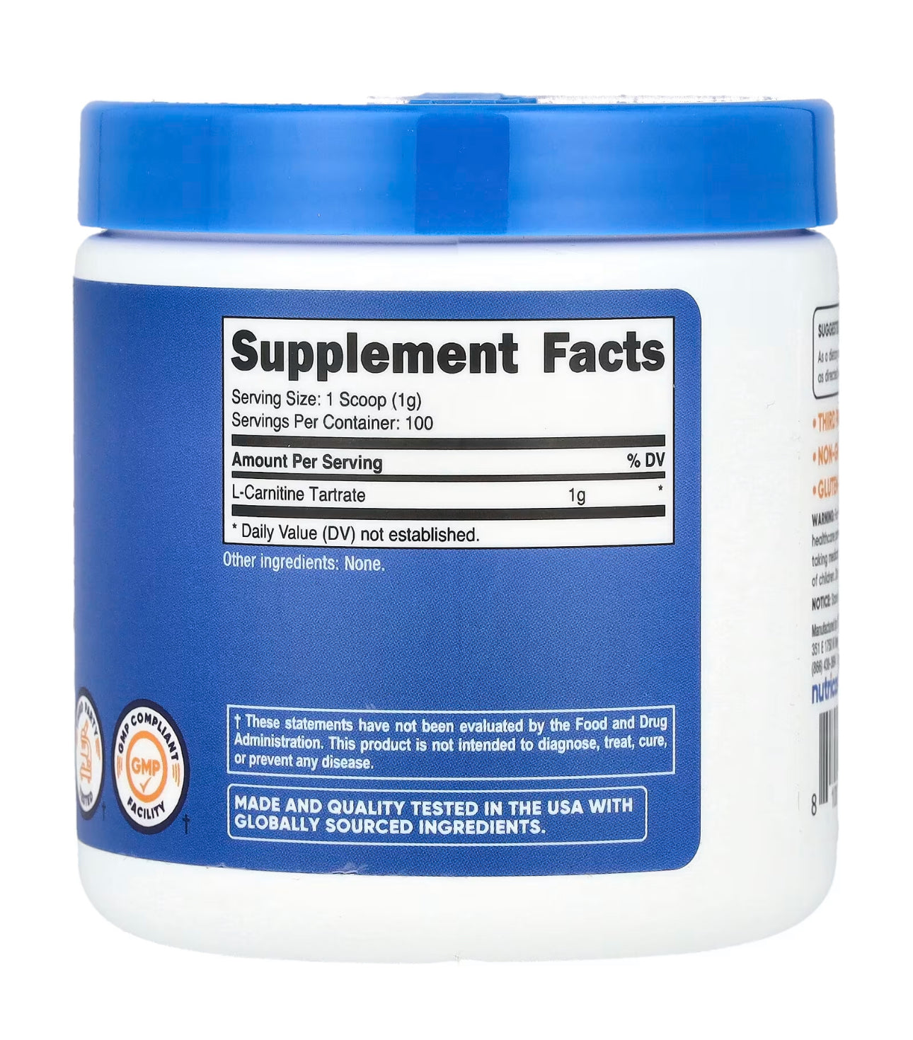 Nutricost L-Carnitine Tartrate 1000mg (1g) |  Pure L-Carnitine Powder | 100 Servings | Unflavored - 3.5oz/100g; Exp 05/2027