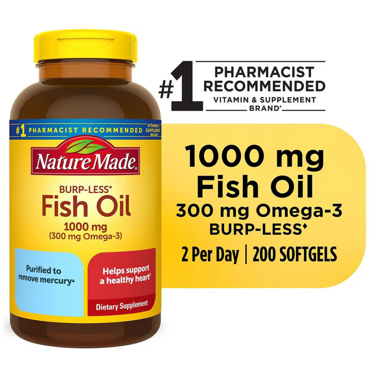 Nature Made Burp-Less Fish Oil 1000 mg | 1000mg per Softgel | Omega 3 Fish Oil for Healthy Heart Support | 100 - 200 Day Supply | 200 Softgels; 06/2026
