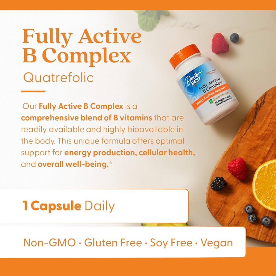 Doctor’s Best Fully Active B Complex | With MTHF 400mcg, P-5-P 50mg, Methylcobalamin (B12) 1000mcg | Optimal Support for Energy Production, Cellular Health & Overall Well-Being | 30 Veggie Caps; Exp 05/2027 (New Look)
