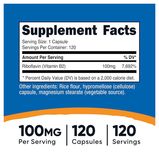 Nutricost Vitamin B2 (Riboflavin) 100mg | Supports Energy, Skin, Cellular Health & Nervous System | 120 Capsules; Exp 10/2028
