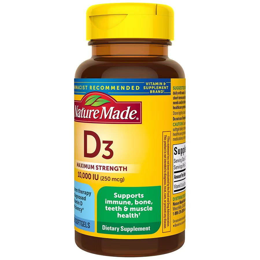 Nature Made Maximum Strength Vitamin D3 10000iu (250 mcg) | 60 Day Supply | Designed for Short-Term Use by Those With Higher Vitamin D Needs and/or Deficiency | 60 Softgels; Exp 10/2025