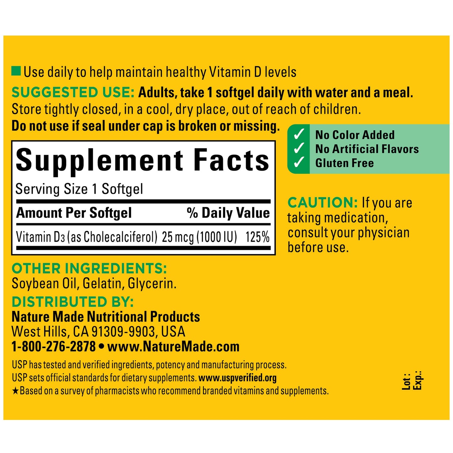 Nature Made Vitamin D3 1000 IU (25 mcg) | Supports Bone, Teeth, Muscle, Hormone and Immune Health | 180 Day Supply | 180 Softgels; Exp 01/2027