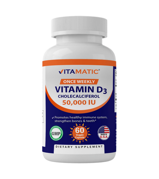 Vitamatic Vitamin D3 50,000 IU (as Cholecalciferol) | Once Weekly Dose, 1250 mcg | 1 Year Supply | Progressive Formula Helping Vitamin D Deficiencies | 60 Veggie Capsules Exp 12/2026