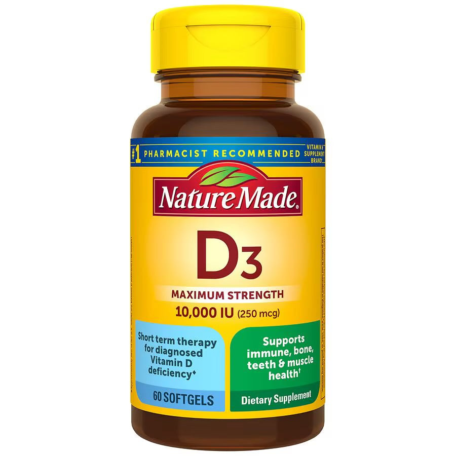 Nature Made Maximum Strength Vitamin D3 10000iu (250 mcg) | 60 Day Supply | Designed for Short-Term Use by Those With Higher Vitamin D Needs and/or Deficiency | 60 Softgels; Exp 10/2025