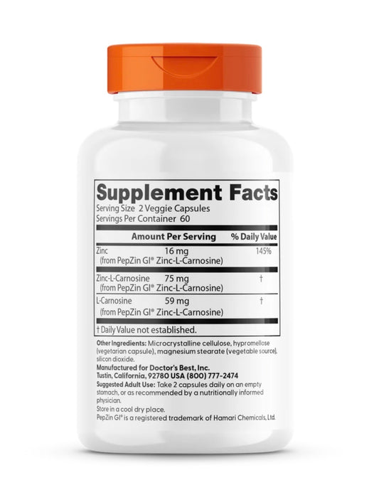 Doctor's Best PepZin GI Zinc-L-Carnosine Complex | Digestive Support | 120 Veggie Capsules; Exp 05/2028 *New look