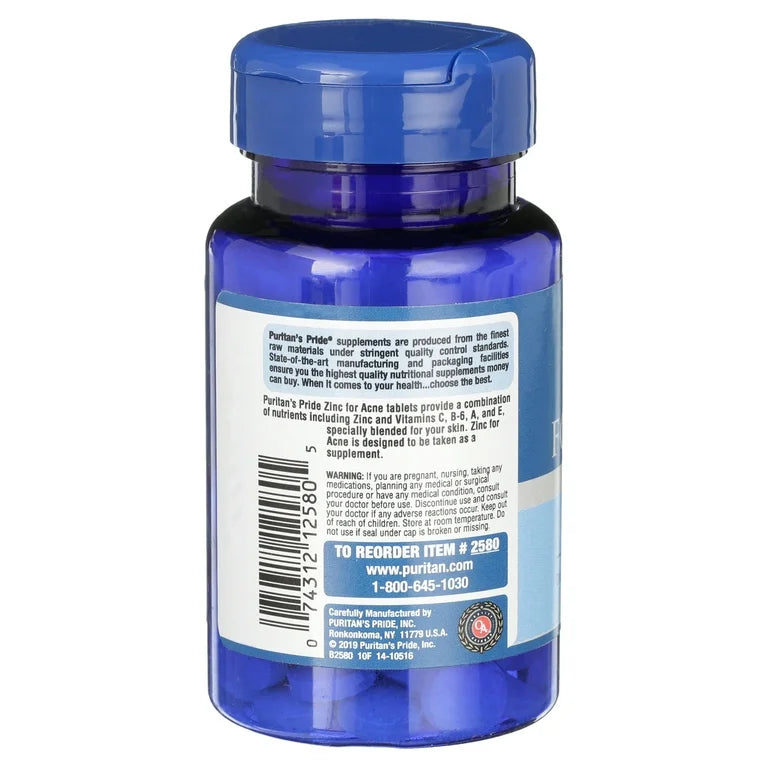 Puritan's Pride Zinc for Acne | with Vitamins A, C, E, B6 & Rose Hips | For Clearer, Healthier Skin for People With Non-Cystic Acne | 100 Tablets; Exp 08/2027