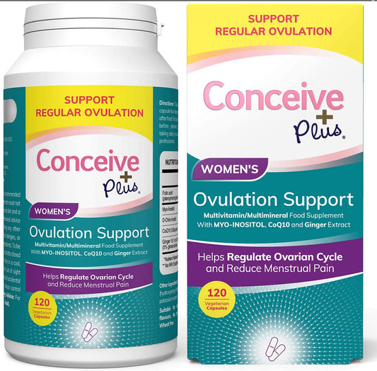 CONCEIVE PLUS Ovulation Support | With Myo-Inositol & D-Chiro, COQ10 (Ubiquinone), Folic Acid, Ginger | Supports Healthy Ovulation & Cycle Regulation | Improves Egg Quality | Hormone Balance Support for Women | 120 Capsules; Exp 09/2028