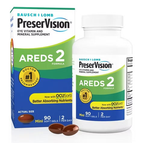 PreserVision AREDS 2 (By Bausch + Lomb) | Eye Vitamin & Mineral Supplement | 45 Day Supply | Contains Lutein, Vitamin C, Zeaxanthin, Copper, Zinc & Vitamin E | 90 Mini Softgels; Exp 09/2025