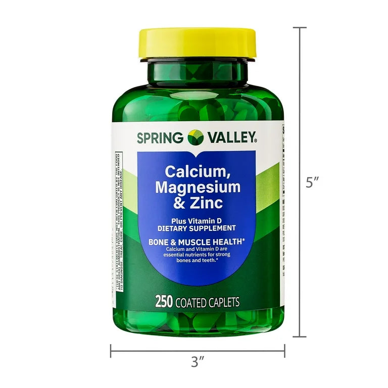 Spring Valley Calcium, Magnesium & Zinc Plus Vitamin D3 | Supports Bone & Muscle Health | 250 Caplets; Exp 03/2027 (New Look)