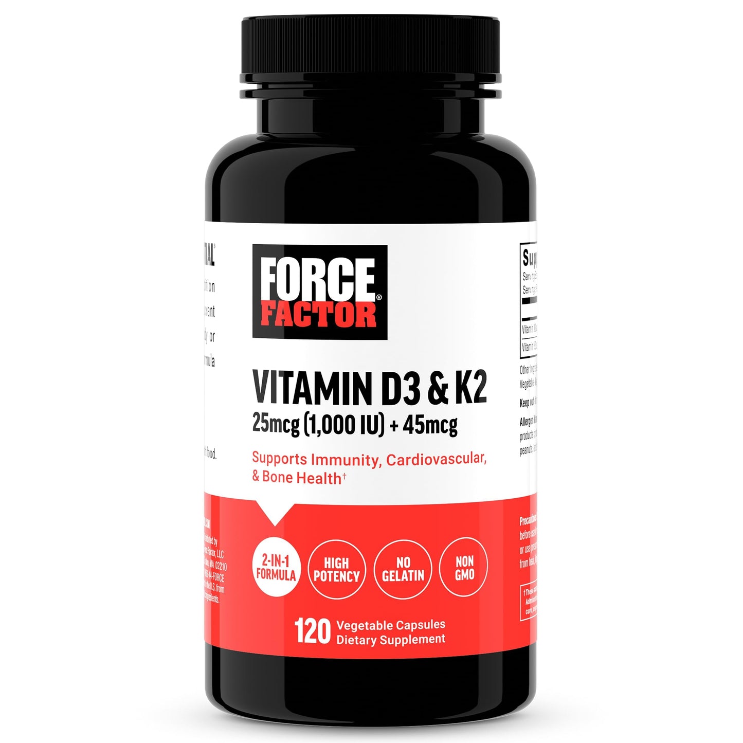FORCE FACTOR Vitamin D3 25mcg (1000iu) & K2 45mcg (mk-4) | Enhances Immunity and Cardiovascular Function | Helps Maintain Strong and Healthy Bones | 120 Capsules; Exp 11/2027 ROUGH PACK - See last picture