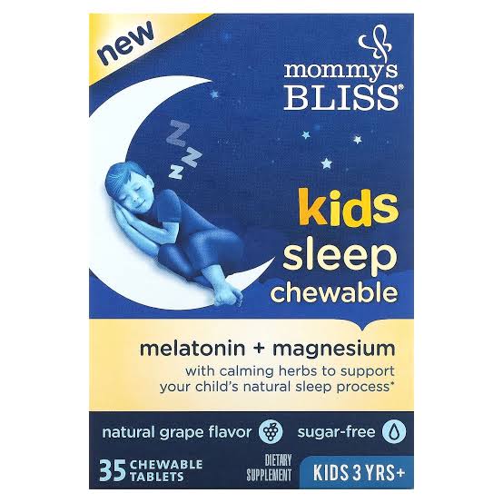 Mommy's Bliss Kids Sleep Chewable | For Kids Age 3 & Above |  35 Servings | Contains Melatonin, Magnesium & Calming Herbs | Sugar Free | Grape Flavor ~ 35 Chewable Tablets; Exp 01/2026