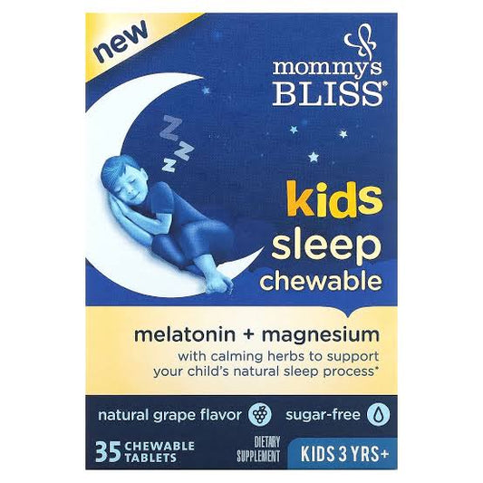 Mommy's Bliss Kids Sleep Chewable | For Kids Age 3 & Above |  35 Servings | Contains Melatonin, Magnesium & Calming Herbs | Sugar Free | Grape Flavor ~ 35 Chewable Tablets; Exp 01/2026