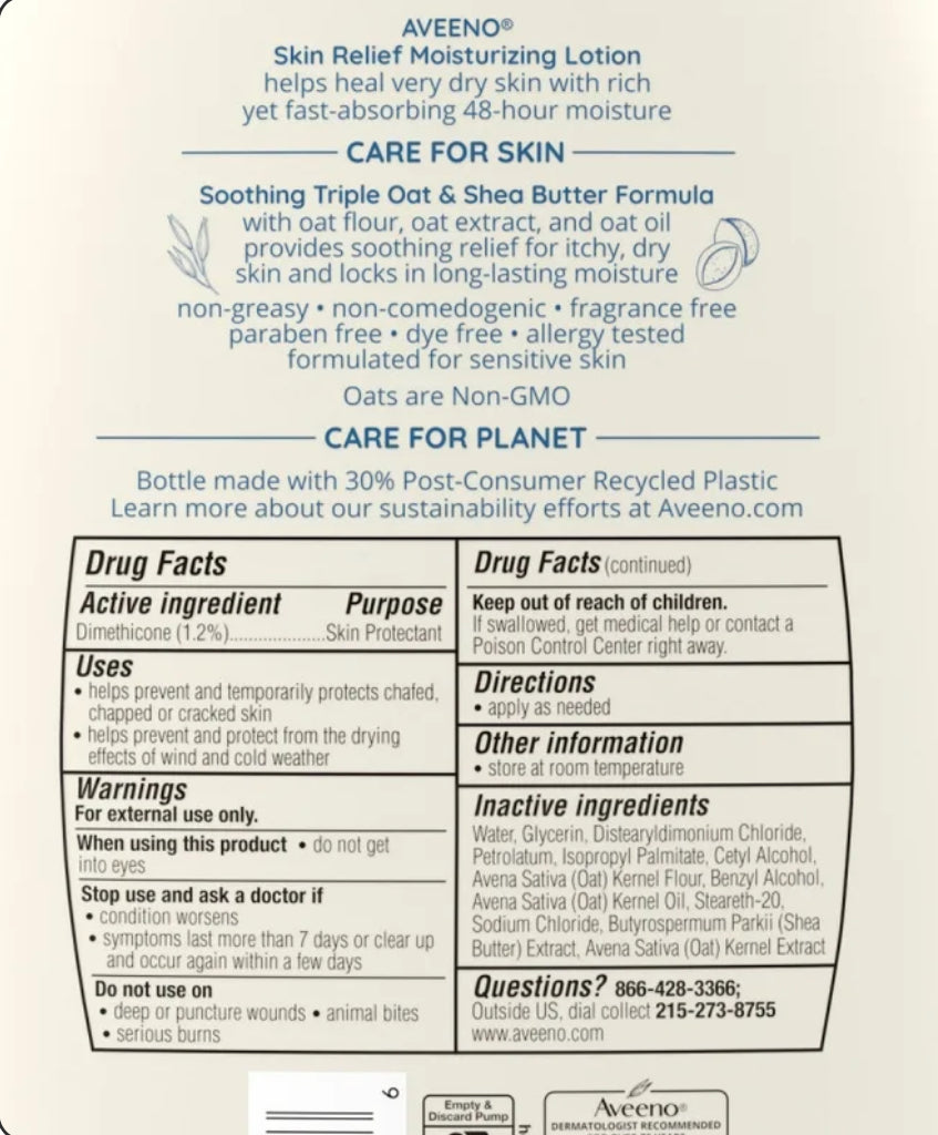 Aveeno Skin Relief Moisturizing Body Lotion | Helps Heal Very Dry Skin | Soothing Relief for Itchy Dry Skin | Fragrance Free ~ 33fl.oz/975ml
