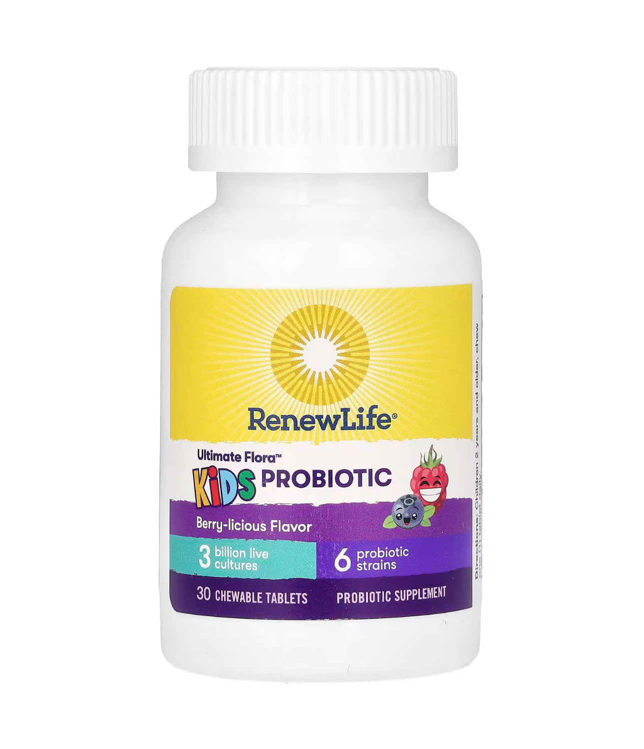 RenewLife Ultimate Flora Kids Probiotic | 3 Billion Live Cultures; 6 Strains | Supports Kids' Immune Health | Helps Reduce Occasional Digestive Upsets | Berry-licious Flavor~ 30 Chewable Tablets; Exp 04/2026
