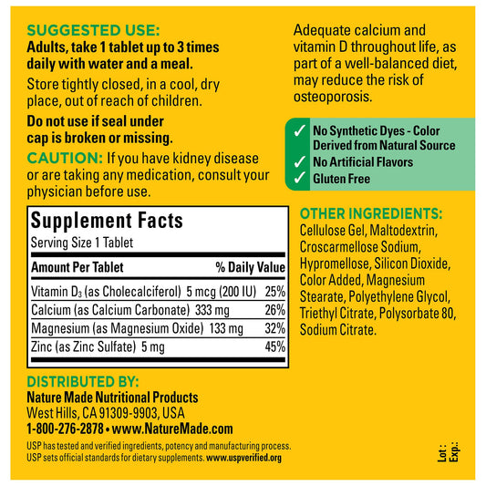 Nature Made Calcium Magnesium Zinc with Vitamin D3 | Helps Support Strong Bones | 300 Tablets; Exp 08/2028
