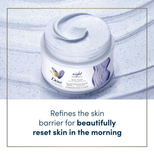 Dove Body Love Night Recovery Body Polish | Body Scrub with Retinol Serum & Botanical Oils | 12oz/340g