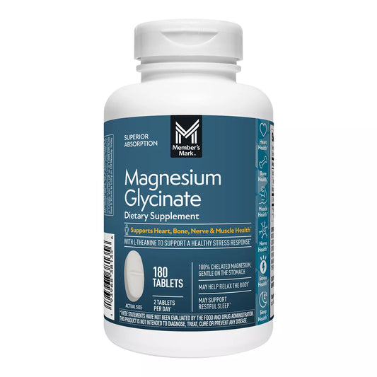 Member's Mark Magnesium Glycinate 200mg | with L-Theanine 200mg | 100% Chelated | Supports Heart, Bone, Nerve, Muscle, Stress & Sleep Health | 180 Tablets; Exp 11/2026