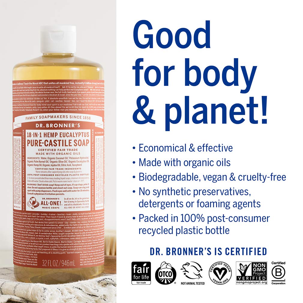 Dr. Bronner's 18-in-1 Hemp Eucalyptus Pure-Castile Liquid Soap | Made with Organic Oils, 18-in-1 Uses: Face, Body, Hair, Laundry, Pets & Dishes | Concentrated | 32oz/946ml
