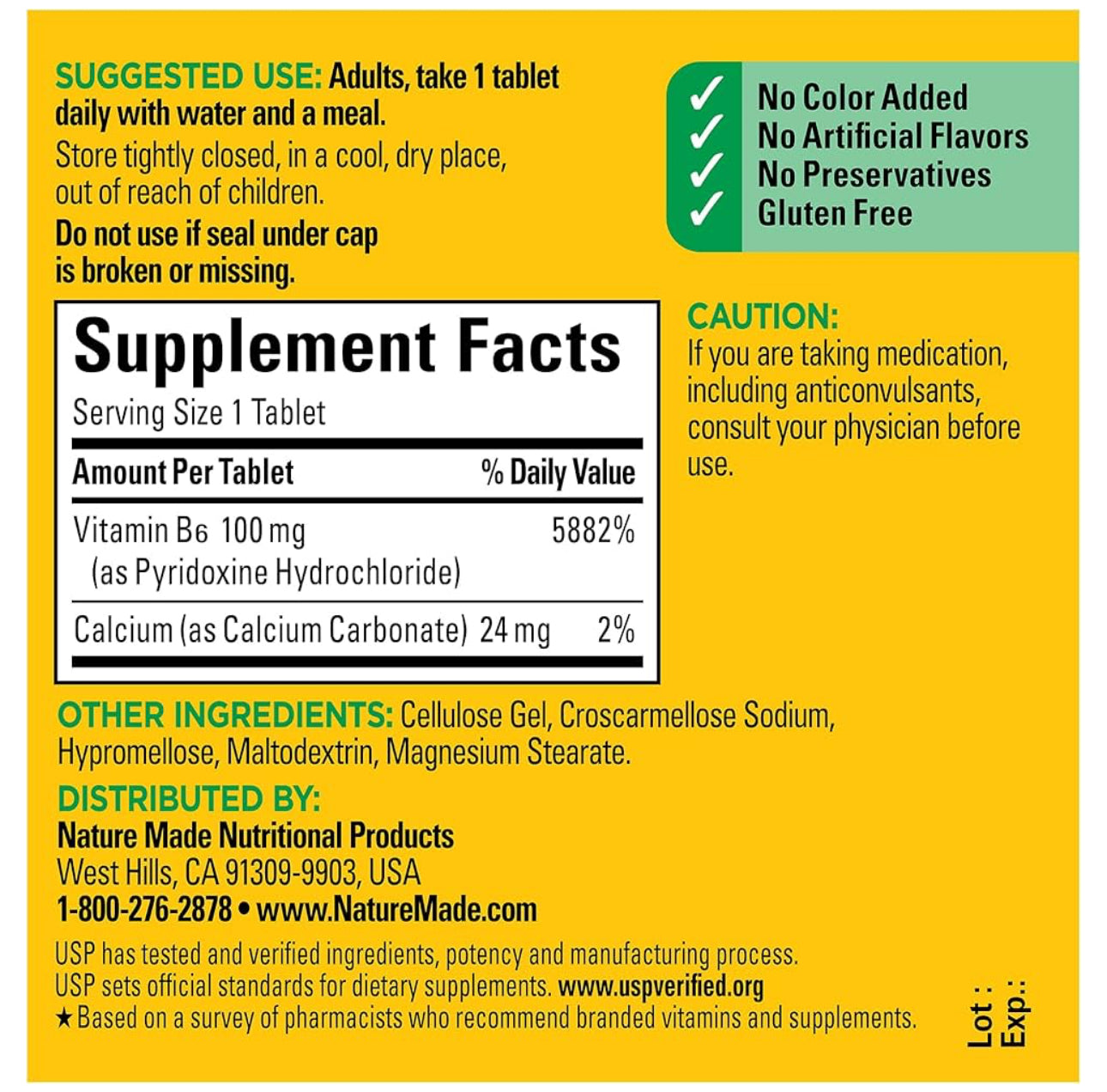 Nature Made Vitamin B6 100mg | 100 Day Supply | Supports Energy Metabolism and Healthy Nervous System Function | 100 Tablets; Exp 01/2028
