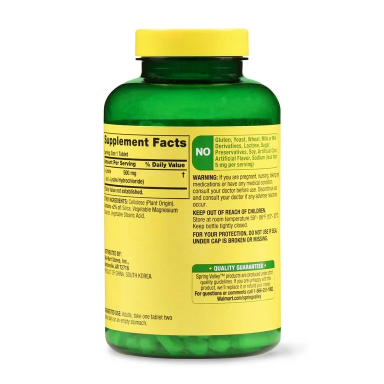 Spring Valley L-Lysine 500mg | Supports Immune System and Lip Health | 250 Tablets; Exp 05/2027