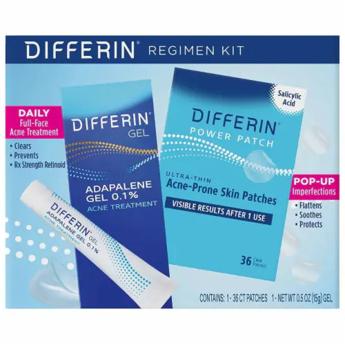 Differin Acne Treatment Gel and Differin Patches Set: 36 Power Patches, 18 large and 18 small patches for acne-prone skin and A 30 day retinoid treatment with 0.1% Adapalene; Exp 09/2026