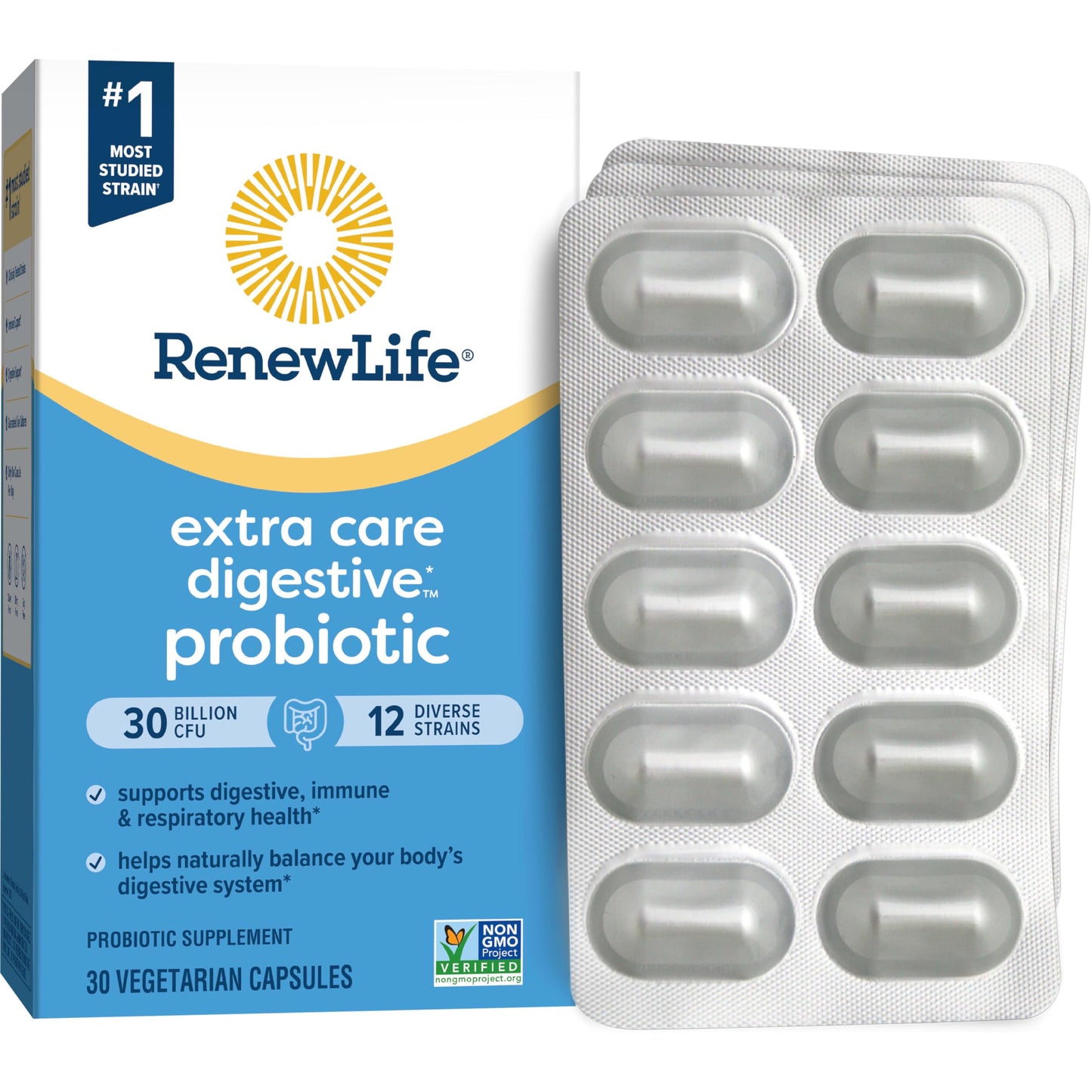 RenewLife Extra Care Digestive Probiotic Go-Pack | 30 Billion CFU | 12 Strains | Promotes Immune, Respiratory and Digestive health for Men and Women | Helps with Bloating, Gas and Bowel Irregularity | 30 Capsules; Exp 10/2025