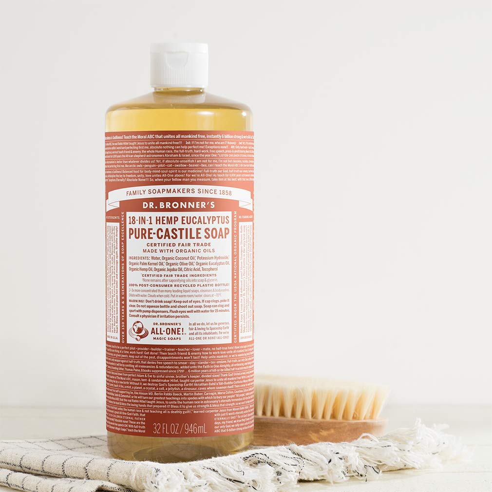 Dr. Bronner's 18-in-1 Hemp Eucalyptus Pure-Castile Liquid Soap | Made with Organic Oils, 18-in-1 Uses: Face, Body, Hair, Laundry, Pets & Dishes | Concentrated | 32oz/946ml