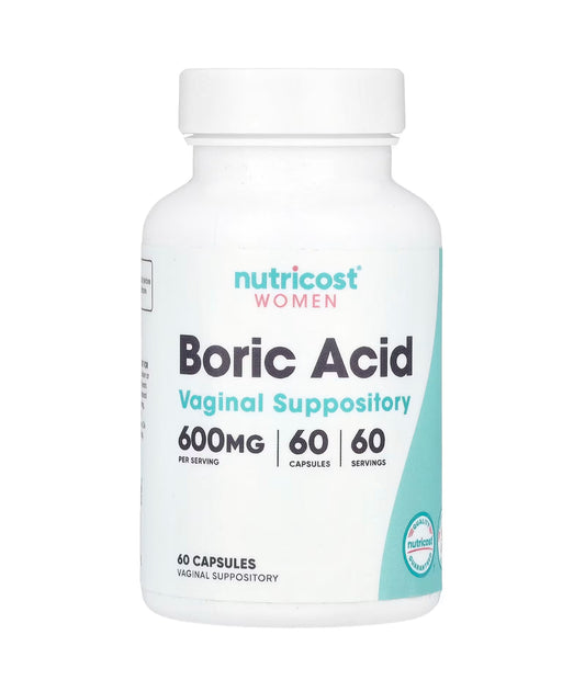 Nutricost Boric Acid 600mg, Vaginal Suppository | Treats Bacteria Vaginosis & Yeast Infection | Balances Vagina pH - 60 Suppositories; Exp 11/2027