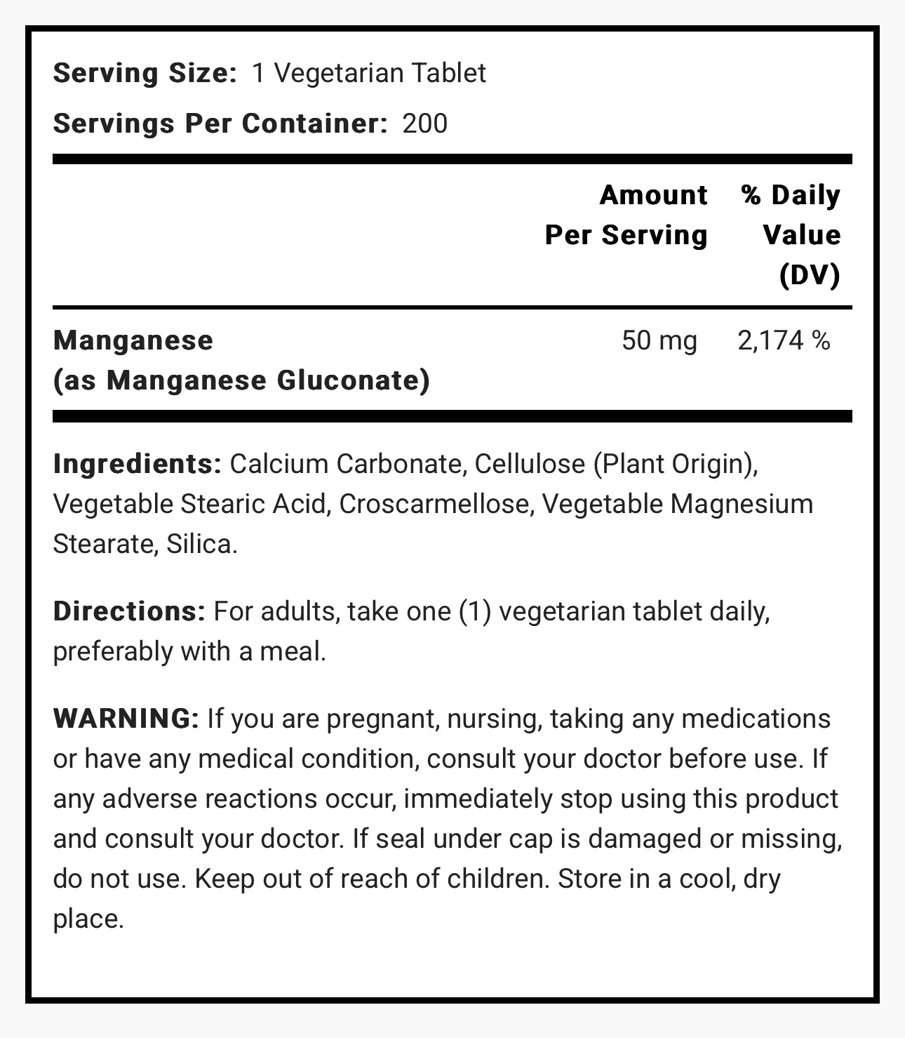 Carlyle Chelated Manganese 50mg | Manganese Gluconate | Supports Collagen Synthesis & Bone Health | 200 Tablets; Exp 02/2027