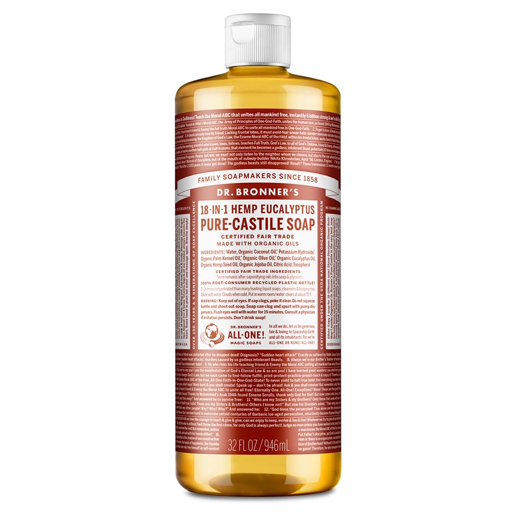 Dr. Bronner's 18-in-1 Hemp Eucalyptus Pure-Castile Liquid Soap | Made with Organic Oils, 18-in-1 Uses: Face, Body, Hair, Laundry, Pets & Dishes | Concentrated | 32oz/946ml