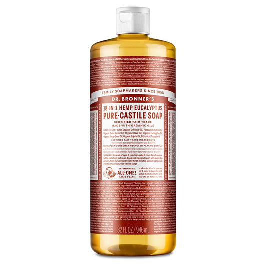 Dr. Bronner's 18-in-1 Hemp Eucalyptus Pure-Castile Liquid Soap | Made with Organic Oils, 18-in-1 Uses: Face, Body, Hair, Laundry, Pets & Dishes | Concentrated | 32oz/946ml