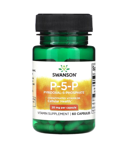 Swanson 20mg P-5-P (Pyridoxal-5-Phosphate) Coenzymated Vitamin B6 | P5P 20mg Per Capsule | 60 Capsules; Exp 01/2027