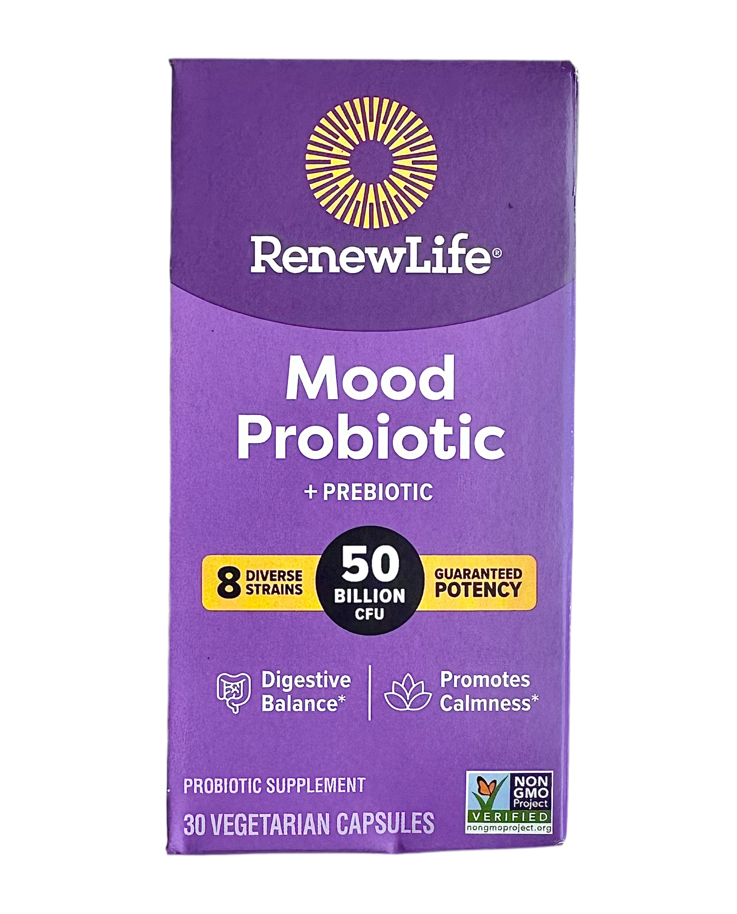 RenewLife Mood Probiotic 50 Billion CFUs | plus Prebiotic | Promotes Calmness & Digestive Balance | 30 Vegetarian Capsules Exp 07/2026