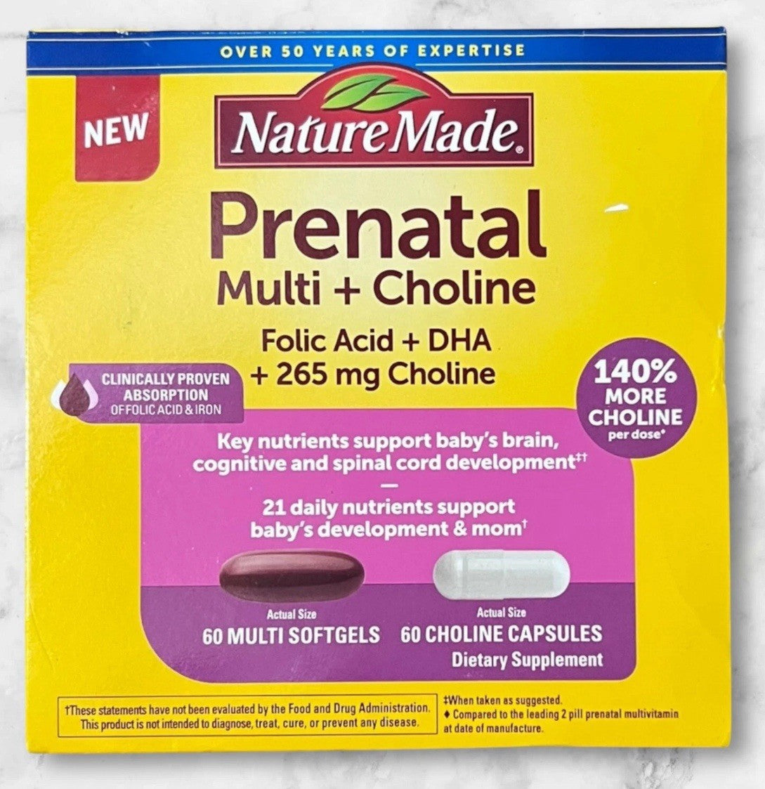 Nature Made Prenatal Multivitamin Softgels + Choline Capsules | Folic Acid + DHA + Choline | 60 Day Supply; Exp 08/2025