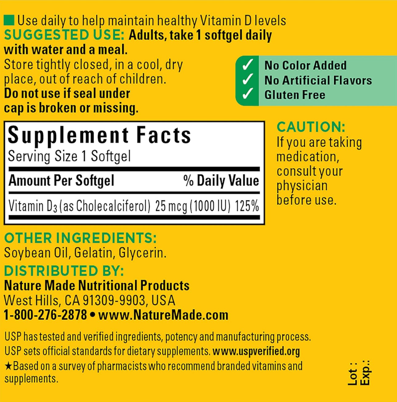 Nature Made Vitamin D3 1000 IU
(25 mcg) | Supports Bone, Teeth, Muscle, Hormone and Immune Health | 100 Day Supply | 100 Softgels; Exp 06/2027