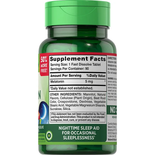 Nature's Truth Fast Dissolve Melatonin 5mg | Drug-Free Sleep Aid | Natural Berry Flavor | 90 Tablets; Exp 02/2027